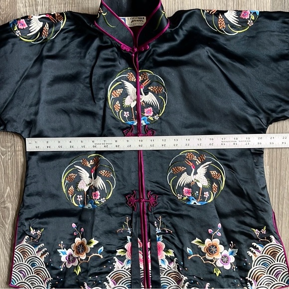 Vintage 1960s Chinese 100% Silk Black Embroidered Jacket Mandarin Collar Medium - Picture 15 of 16